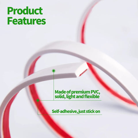 Close-up of white flexible, self-adhesive PVC wall trim, 10 Ft Peel And Stick Wall Trim Molding For Edges Borders And Backsplash Tile Edges.