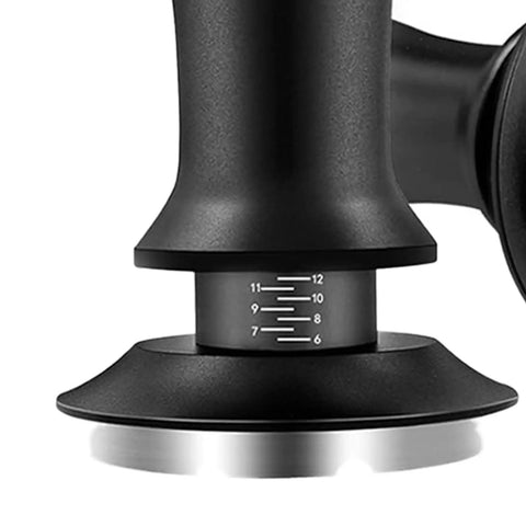 Straight Up Perfect Espresso Tamper Kit With Coffee Grounds Distributor, Precision Tamping Station showing detailed grip and measuring scale.