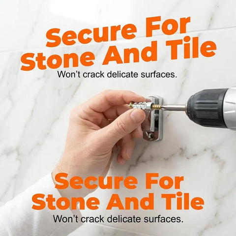 Hand installing 10 Pack Gold Cabinet Hinge Repair Kit with Short Expansion Anchors and Self Tapping Screws on tile surface.