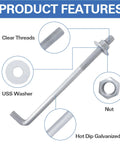 Five Eighth Inch By Eight Inch Concrete Anchor Bolts L Shaped, 10 Pack, Hot Dip Galvanized, Carbon Steel With Nuts And USS Washers
