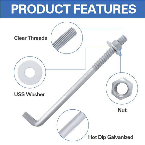 Five Eighth Inch By Eight Inch Concrete Anchor Bolts L Shaped, 10 Pack, Hot Dip Galvanized, Carbon Steel With Nuts And USS Washers