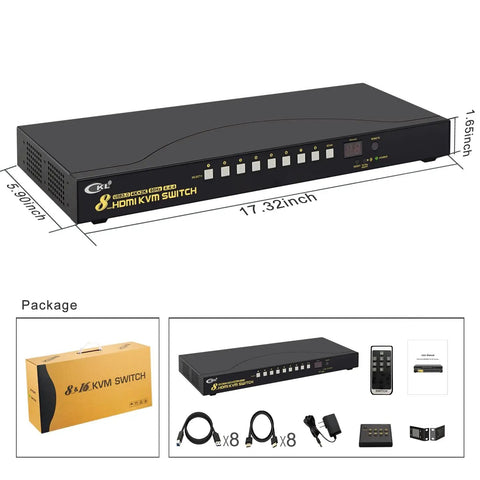 8 Port HDMI KVM Switch delivering smooth 4K 60Hz video and USB 3.0 ports with sleek matte black chassis and control buttons.