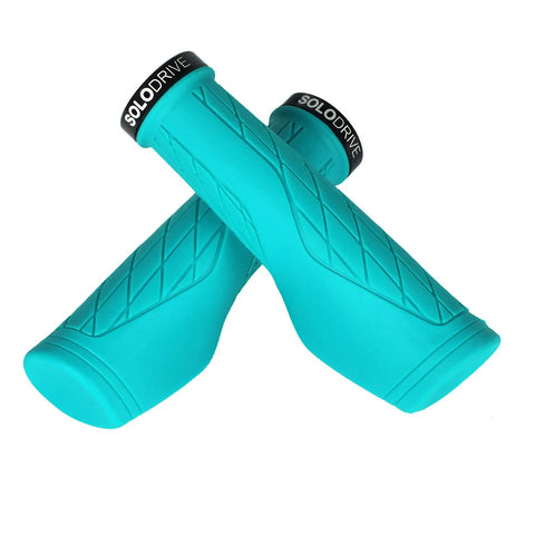 Turquoise ergonomic mountain bike grips with palm pad for all day comfort and pain relief, non-slip lock on handlebar grips.