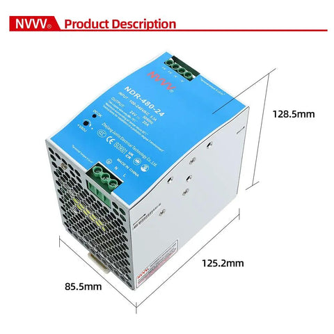 24V DC Industrial DIN Rail Power Supply With 480W Output, 20A Max, Universal 85-264VAC Input, Built-In Active PFC, Silver and Blue