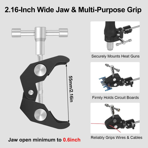 Magnetic Soldering Clamp with 2.16 Inch Jaw and 55 Lb Base, 360 Degree Rotation, displaying multi-purpose grip and circuit board hold