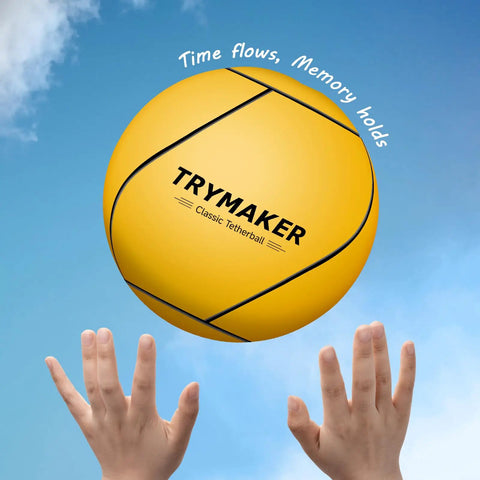 Child reaching for yellow ball, Ultimate Tetherball Set With Ball, Rope And Carabiner For Backyard Fun, clear blue sky in background.