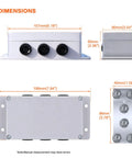 Dimensions of Heavy Duty 500A Bus Bar Tin Plated Copper Junction Block with six M8 studs and handles.
