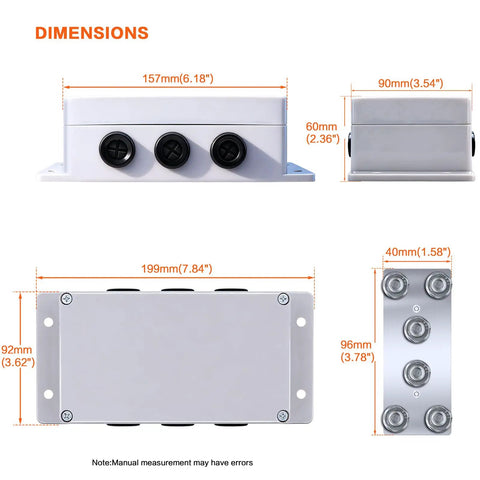 Dimensions of Heavy Duty 500A Bus Bar Tin Plated Copper Junction Block with six M8 studs and handles.