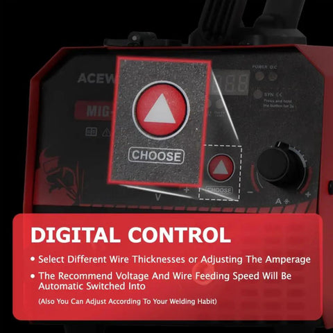 Digital control panel of Acewelders Super Cool 130A Gasless Flux Core Mig Welder showing settings adjustment options.