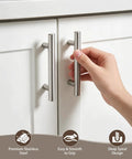 Hand holding 10 Pack 3-1/2 Inch Cabinet Pulls Sleek Stainless Steel Kitchen Cabinet Handles for Bath and Bedroom Dressers 6 Inch Overall Length