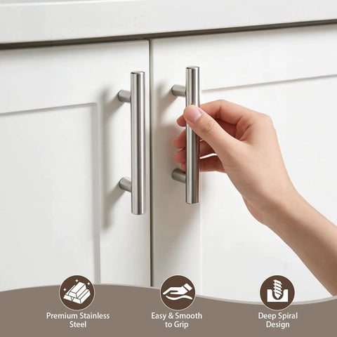Hand holding 10 Pack 3-1/2 Inch Cabinet Pulls Sleek Stainless Steel Kitchen Cabinet Handles for Bath and Bedroom Dressers 6 Inch Overall Length