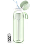 GoZero Everyday Water Filter Bottle 22 Oz BPA Free Tritan Plastic Reusable Bottle With Portable Filter For Travel Green open lid
