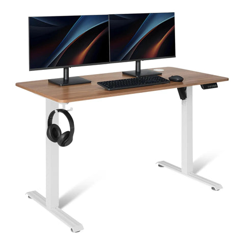Electric Standing Desk With Quiet Motor And Multiple Presets White And Oak Finish Large Work Surface With Dual Monitors