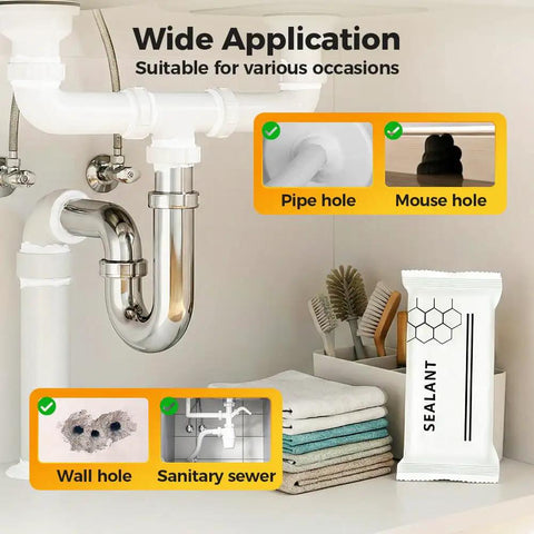 Image showing White Mastic Sealant Clay For Quick Duct Seals And Wall Crack Repairs, All Purpose Putty For Air Conditioning Holes, Drain Connections, Cement Cracks, Easy Patch N Seal, 6 Pack displayed near plumbing and potential repair areas.