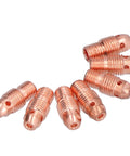Heavy Duty Premium Copper TIG Collet Body Replacement Parts Fits 13N24 13N 796F WP 9F Torch Consumables, seven copper collet bodies arranged.