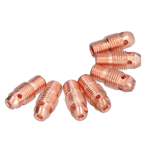 Heavy Duty Premium Copper TIG Collet Body Replacement Parts Fits 13N24 13N 796F WP 9F Torch Consumables, seven copper collet bodies arranged.