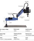 Heavy Duty Electric Servo Tapping Machine Up To M24 With Kickass Torque Protection And Slick 360 Degree Universal Arm Including Eight Ansi Collets For Straight Up Fast Thread Cutting At 110V, featuring human-machine touch screen and adjustable vertical lift.