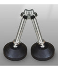 Workhorse Adjustable Leveling Feet With Swivel Base Plate M8 M10 M12 Thread: forged steel supports with rubber base and threaded shaft.