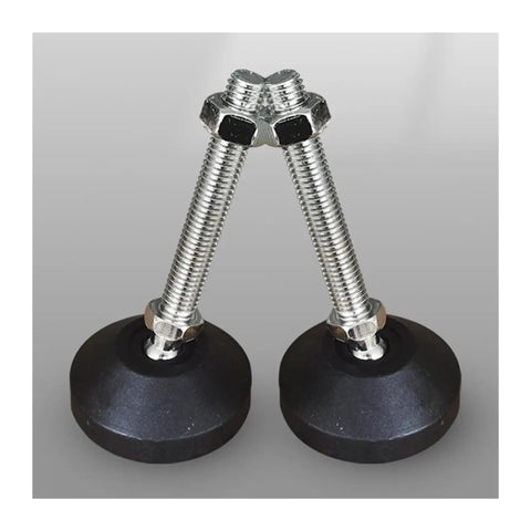 Workhorse Adjustable Leveling Feet With Swivel Base Plate M8 M10 M12 Thread: forged steel supports with rubber base and threaded shaft.