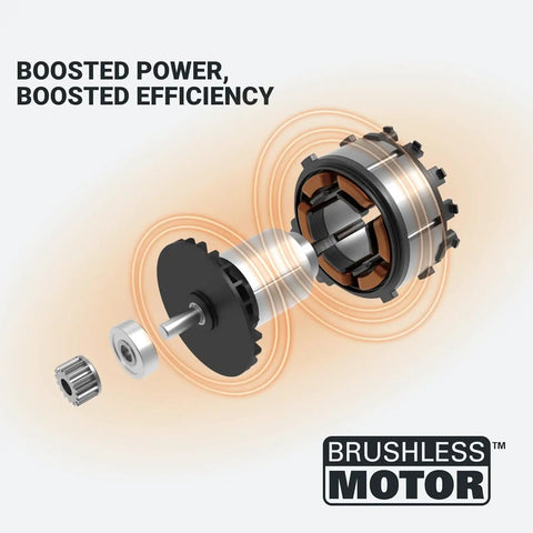 Illustration of a brushless motor for a cordless leaf blower with turbine fan delivers 360 CFM for quick cleanup and lawn care.