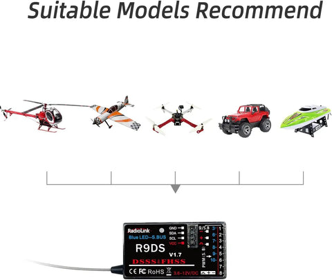 R9DS receiver with compatible RC models including helicopter, plane, drone, car, and boat for AT9S Pro 2.4G Radio Controller Transmitter With 10 To 12 Channel DSSS FHSS Tech Delivers Crisp Signal And Long Range Up To 2.1 Miles Real Time Telemetry Plays Nice With R9DS Receiver For RC FPV Racing Drone Car Boat.