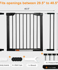 Extra Wide Walk Through Pet Gate With Auto Close Durable Metal Baby And Pet Gate For Stairs And Doorways Forty Point Five Inches Full Width Includes 2 Extension Kits Black, showing components and measurements.