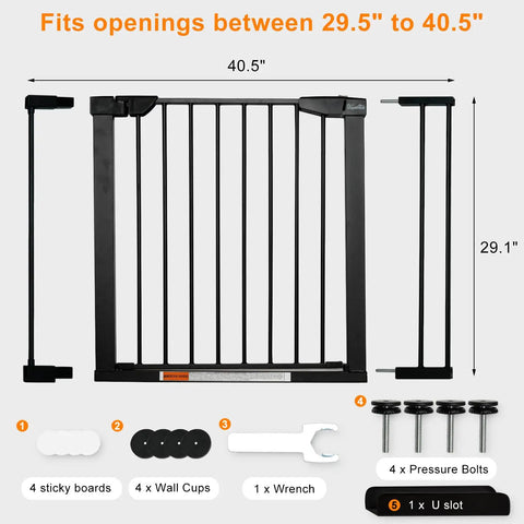 Extra Wide Walk Through Pet Gate With Auto Close Durable Metal Baby And Pet Gate For Stairs And Doorways Forty Point Five Inches Full Width Includes 2 Extension Kits Black, showing components and measurements.
