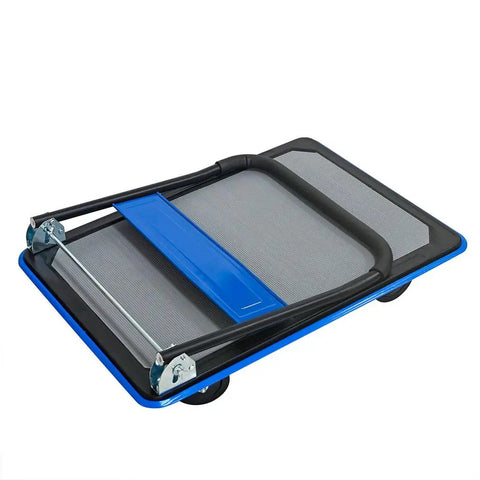 Heavy Duty Workhorse Folding Platform Truck With 660 Lb Capacity, Flatbed Hand Truck On 360 Degree Swivel TPR Silent Wheels, Non Slip Utility Dolly For Moving Boxes In Warehouse Garage And Office, Durable Steel Frame Blue, folded flat with blue steel frame