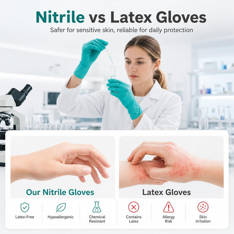 Nitrile vs Latex Gloves comparison, featuring a woman in lab coat with nitrile gloves, highlighting safety features.