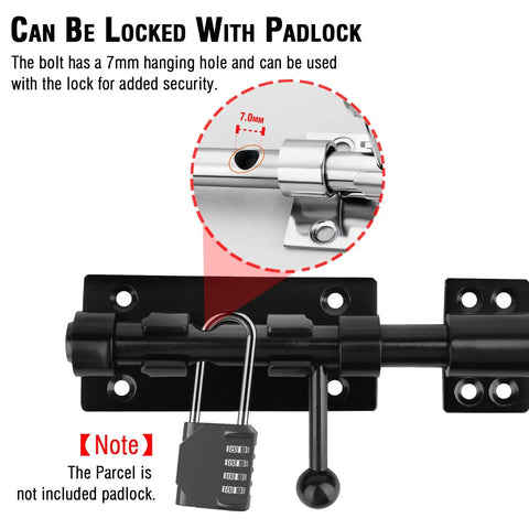 Kickass Heavy Duty Slide Bolt Gate Latch, 7.8 Inch Black latch with a padlock hole for added security on gates and doors.