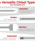 Four Piece SDS Max Rotary Hammer Chisel Set Built For Concrete Tile And Masonry, includes pointed, flat, wide, U-groove chisels.