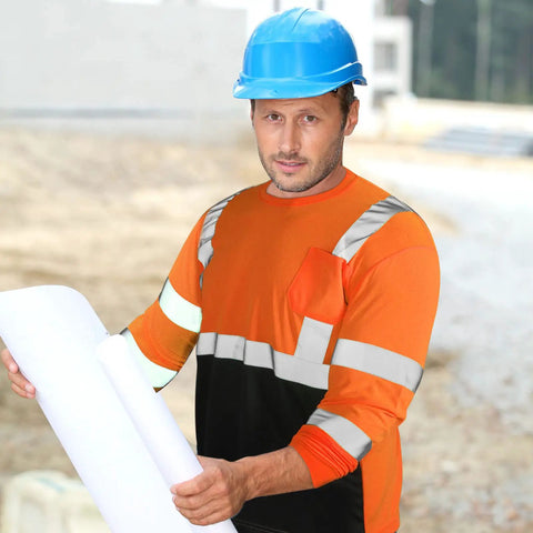 Man wearing Six Pack High Visibility Long Sleeve Safety T Shirts For Work Men XL Fluorescent Orange With 2 Inch Reflective Strips