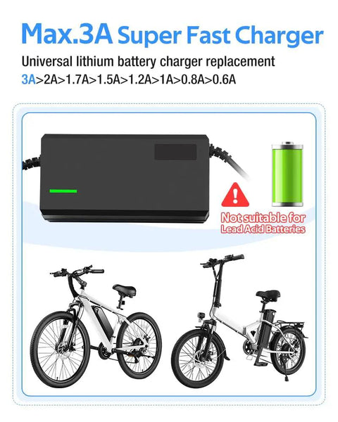 54.6V Lithium Battery Fast Charger 3A And 5A No Adapter Needed With Cooling System Seven Plug Options Universal Plug Compatibility Safer Faster Charge For 48V E Bikes Scooters And Power Tools