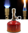 Portable Countertop Bunsen Burner With Adjustable Air Intake showing brass body and blue flame on red gas canister.