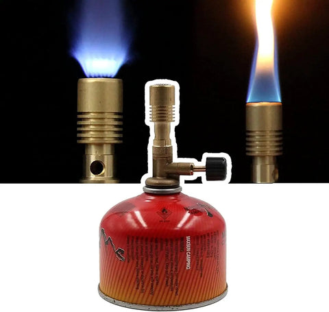 Portable Countertop Bunsen Burner With Adjustable Air Intake showing brass body and blue flame on red gas canister.