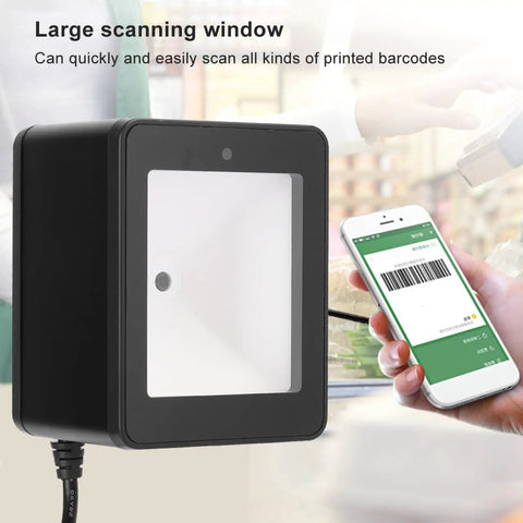 Versatile Desktop Barcode Scanner 9800 with CMOS Imaging for fast decoding near mobile phone displaying barcode
