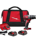 Heavy Duty Cordless Half Inch Hammer Drill Driver Kit with batteries and charger in a red carrying bag.