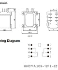 Technical diagram of Heavy Duty 12V DC Relay Pack of 2 with 8 Pin Coil, 30A DPDT, 2NO and 2NC Contacts, Flame Retardant Housing.
