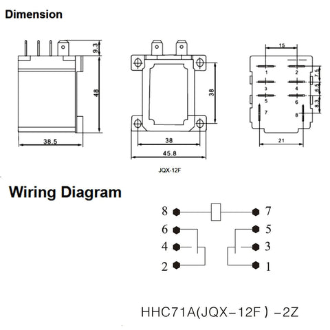 Technical diagram of Heavy Duty 12V DC Relay Pack of 2 with 8 Pin Coil, 30A DPDT, 2NO and 2NC Contacts, Flame Retardant Housing.