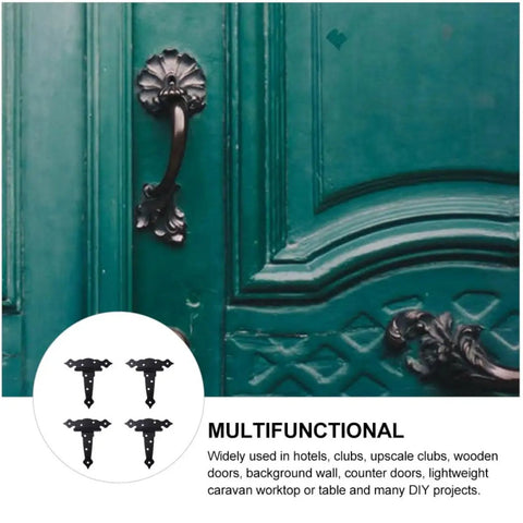 Heavy Duty Black Iron Strap Door Hinges 4 Pack With Eight Pre Positioned Screw Holes Built To Last shown with a decorative door handle