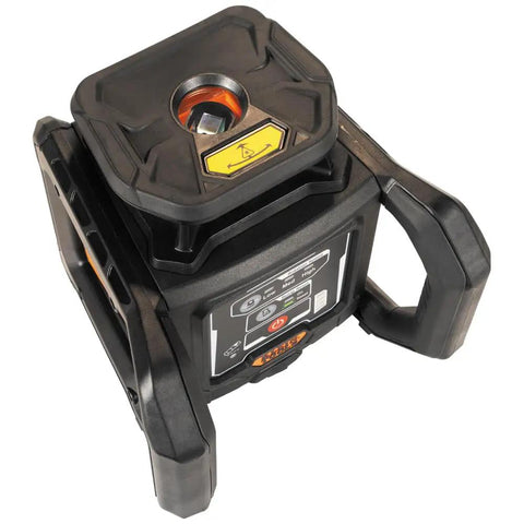 Green Self Leveling Rotary Laser Level Kit With Plumb Spot For Pro Grade Precision In Horizontal And Vertical Alignment, 1150 Foot Range With Detector, Rechargeable, Tripod, 9 Foot Grade Rod, Carrying Case, Class 3R black rotary laser level unit with handle and control panel