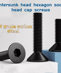 100 Pack Black Oxide 12.9 Grade Hex Socket Countersunk Head Screws M10 X 45 Millimeter Full Thread Heavy Duty Fasteners displayed.