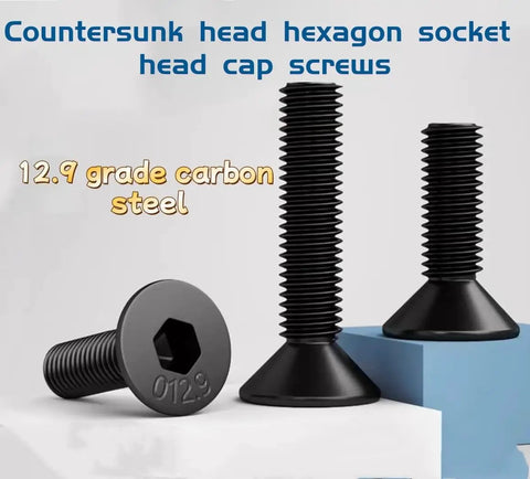 100 Pack Black Oxide 12.9 Grade Hex Socket Countersunk Head Screws M10 X 45 Millimeter Full Thread Heavy Duty Fasteners displayed.
