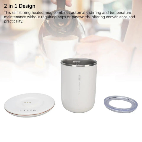 Heavy Duty Stainless Steel Self Stirring Heated Coffee Mug Electric Auto Mixing Cup with coaster and lid for easy sipping.