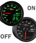 MaxTow 100 PSI oil pressure gauge kit with electronic sensor; green LED backlit dual analog and digital readouts; 2-1/16 in, 52 mm gauges