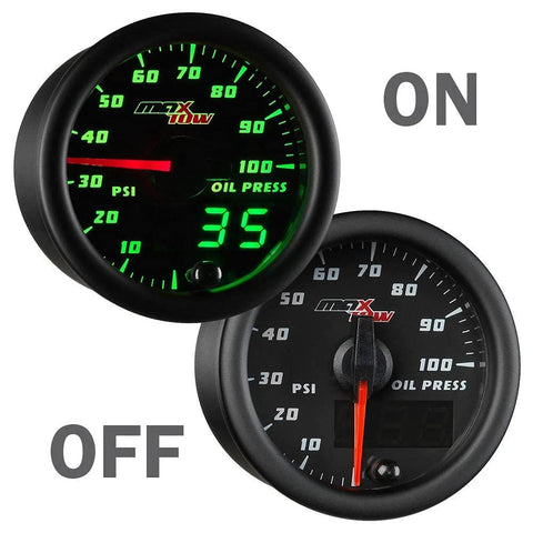 MaxTow 100 PSI oil pressure gauge kit with electronic sensor; green LED backlit dual analog and digital readouts; 2-1/16 in, 52 mm gauges