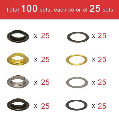 One Half Inch Grommet Kit 100 Sets Four Colors Gold Silver Black Bronze With Tools And Storage Box for DIY sewing projects