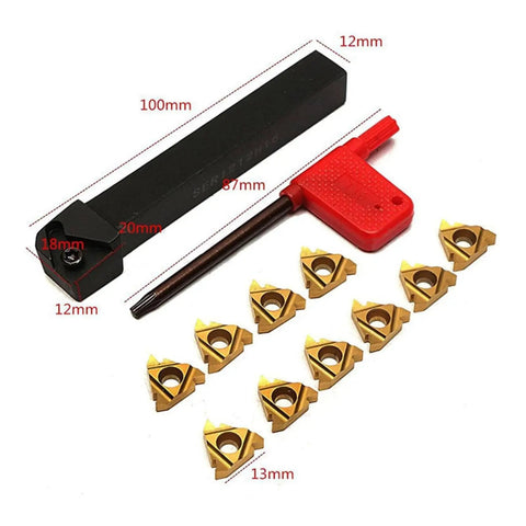 Pro Grade Lathe Threading Tool Holder Set SER1212H16 With Carbide Inserts And Wrench Rectangular Shank Secure Mount Alloy Steel Body Includes 10 Gold Triangular Inserts 13 Mm For Quick Threading And Recutting On CNC And Metalworking Projects. 100mm holder with 12mm shank and 10 carbide inserts, wrench included