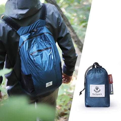 Ultra Lightweight Water Resistant Packable Go To Hiking Daypack For Travel And Outdoor Adventures 16L Blue Backpack in use and folded