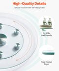 Close-up of 24 Inch Glass Lazy Susan Turntable With 6 Rotating Wheels showing load capacity and polished edges